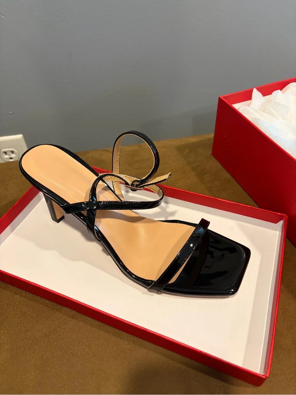 Women’s Strappy Square-Toe Sandal/Heel 3”, in Black Patent Leather - NEVER WORN